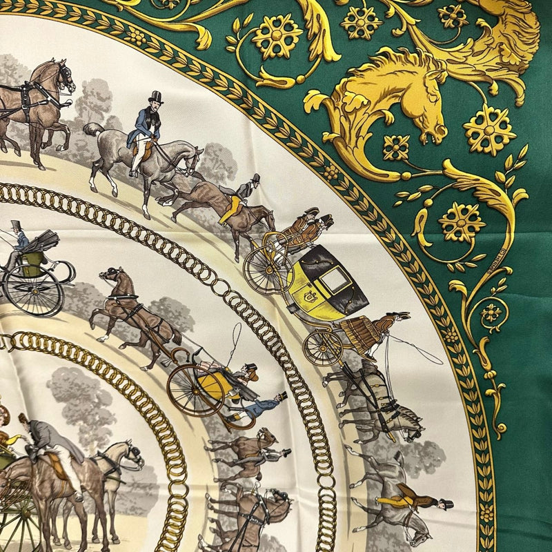 HERMES green carriage pattern carre 90 silk scarf with tag and box