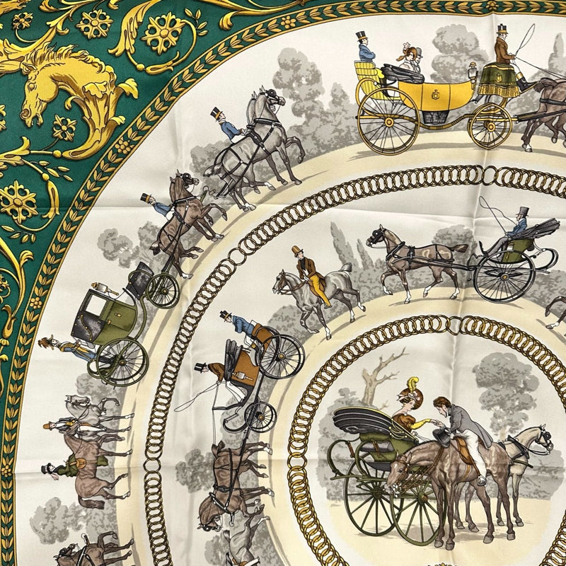 HERMES green carriage pattern carre 90 silk scarf with tag and box