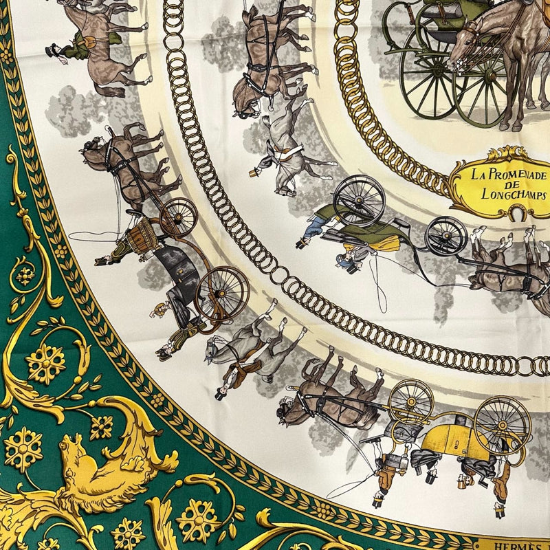 HERMES green carriage pattern carre 90 silk scarf with tag and box