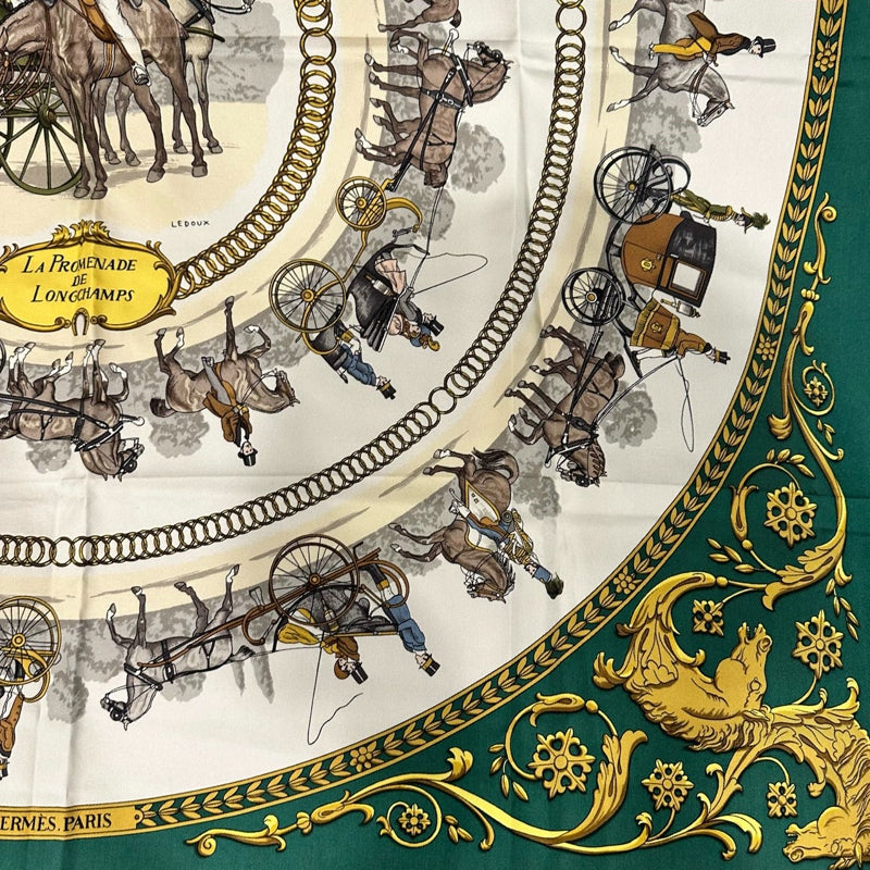 HERMES green carriage pattern carre 90 silk scarf with tag and box