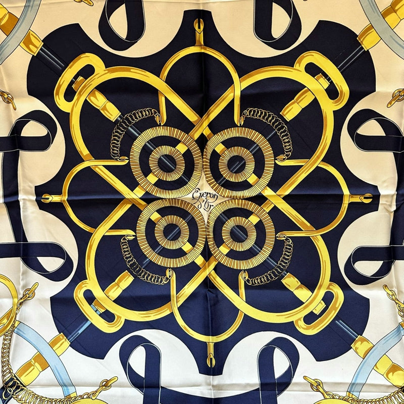 HERMES Carré 90 Silk Scarf, Navy & White Tone, with Tag