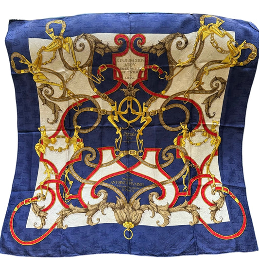 HERMES Carre 90 Silk Scarf Navy With Tag Stain