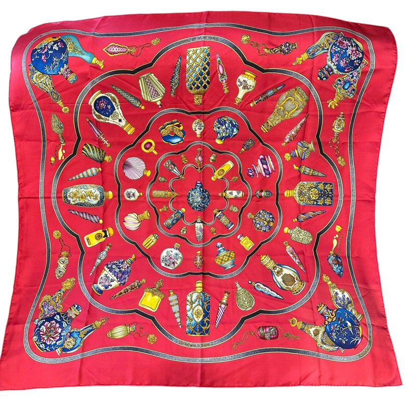 HERMES red perfume bottle pattern carre 91 silk scarf with tag and box