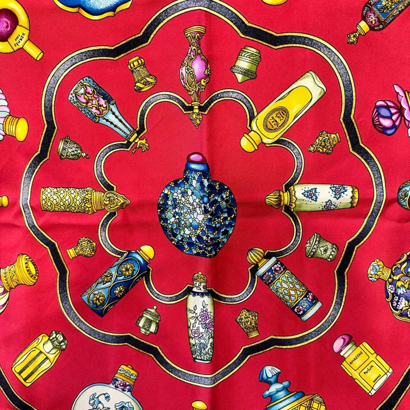 HERMES red perfume bottle pattern carre 91 silk scarf with tag and box