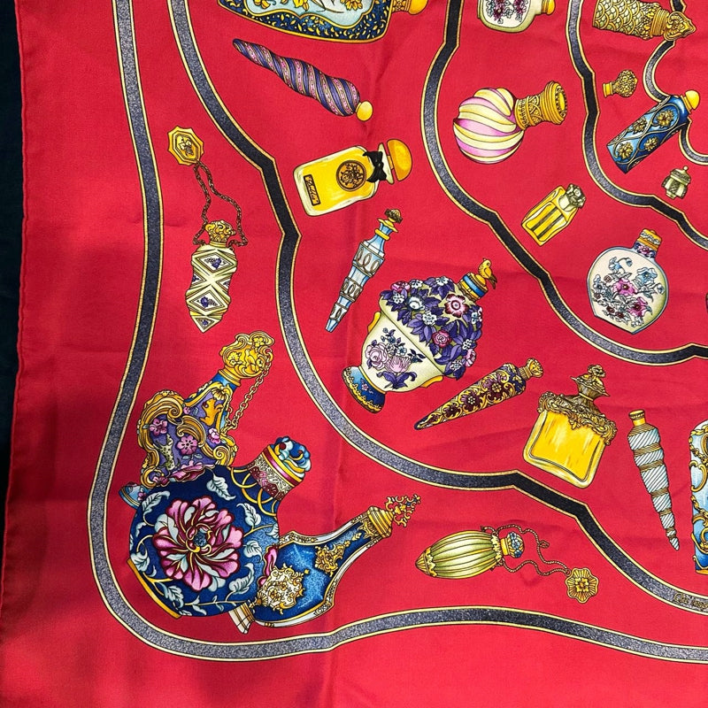 HERMES red perfume bottle pattern carre 91 silk scarf with tag and box