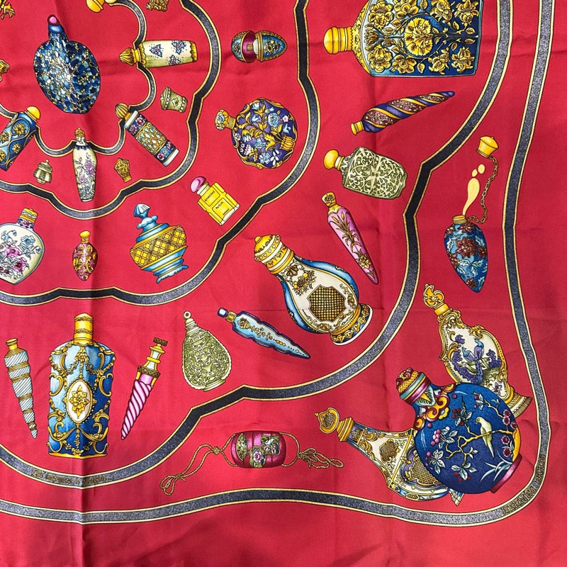 HERMES red perfume bottle pattern carre 91 silk scarf with tag and box