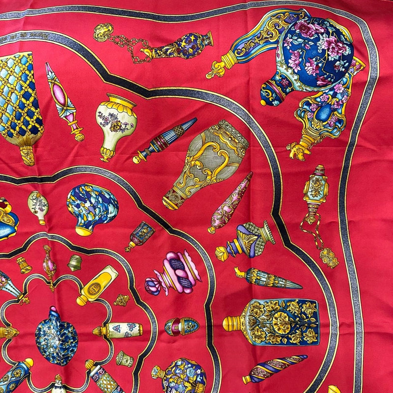 HERMES red perfume bottle pattern carre 91 silk scarf with tag and box