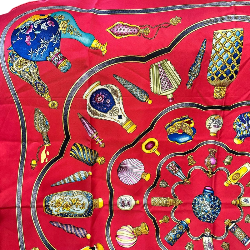HERMES red perfume bottle pattern carre 91 silk scarf with tag and box