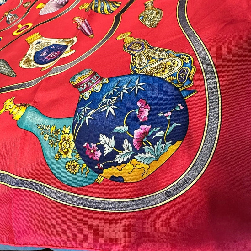 HERMES red perfume bottle pattern carre 91 silk scarf with tag and box