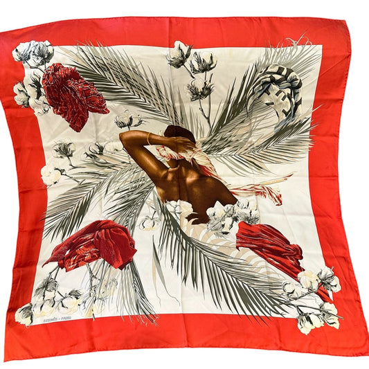 HERMES silk scarf, feather pattern, red, with tag