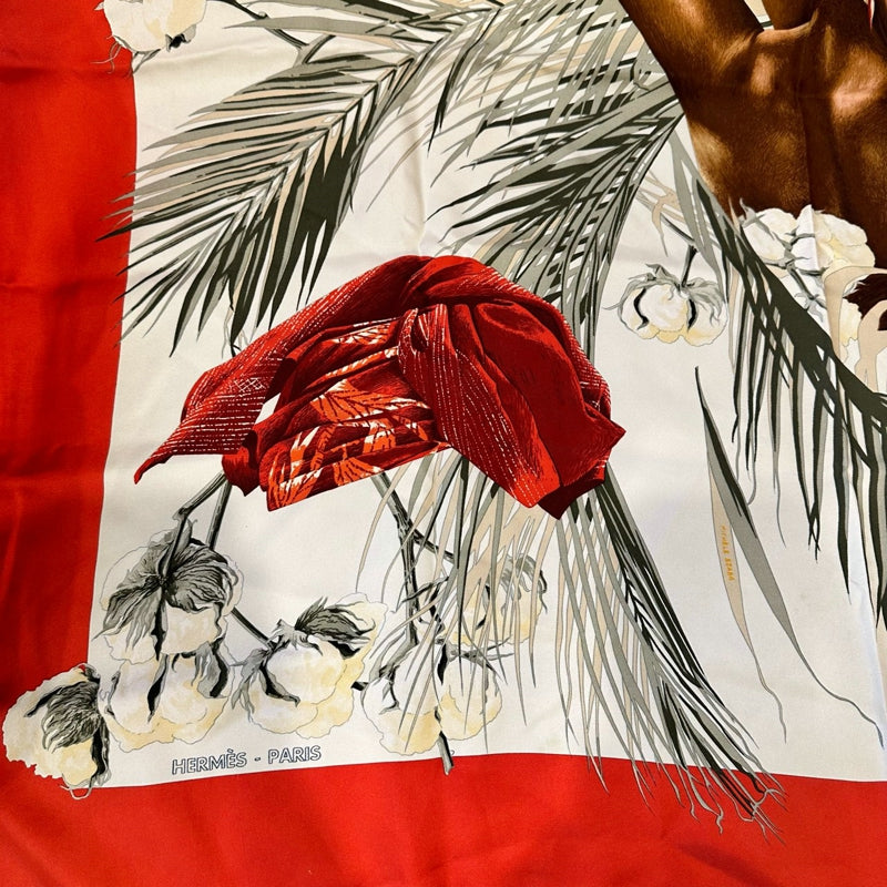 HERMES silk scarf, feather pattern, red, with tag