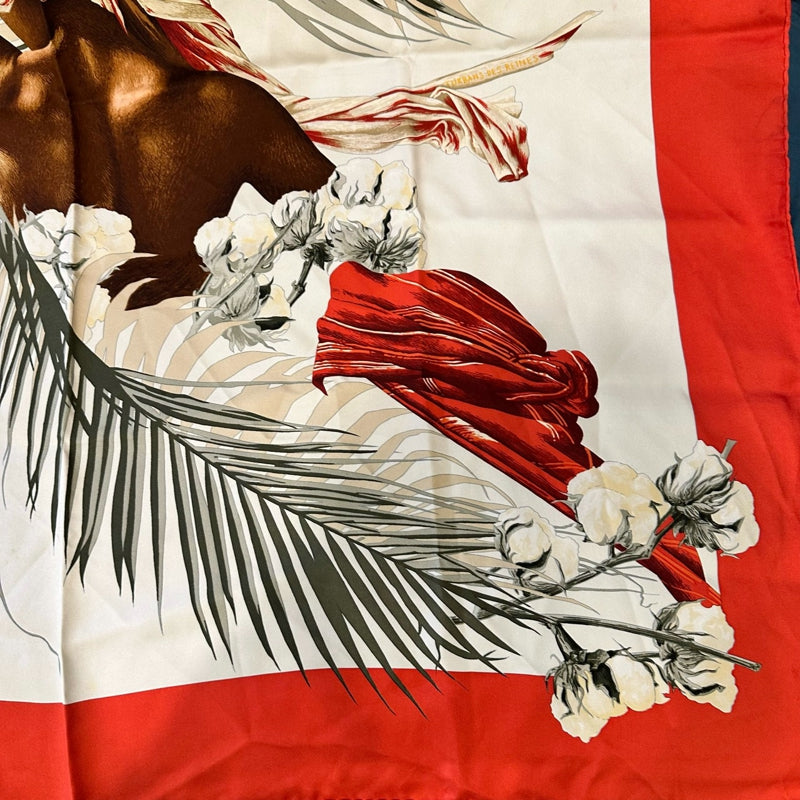 HERMES silk scarf, feather pattern, red, with tag