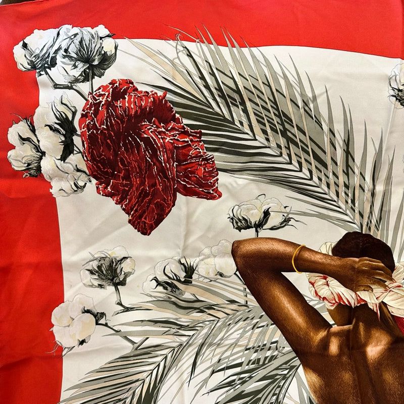 HERMES silk scarf, feather pattern, red, with tag