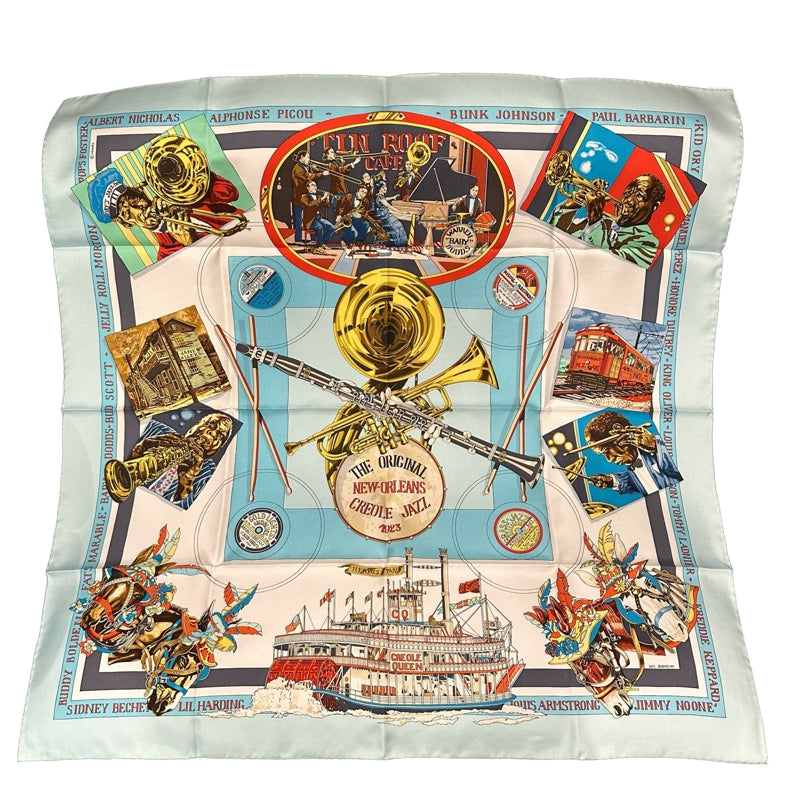 HERMES Scarf, Horse Pattern, Blue Tone, with tag and box