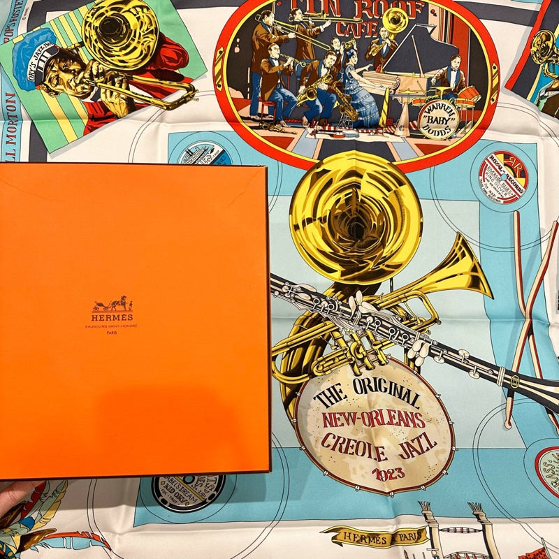 HERMES Scarf, Horse Pattern, Blue Tone, with tag and box