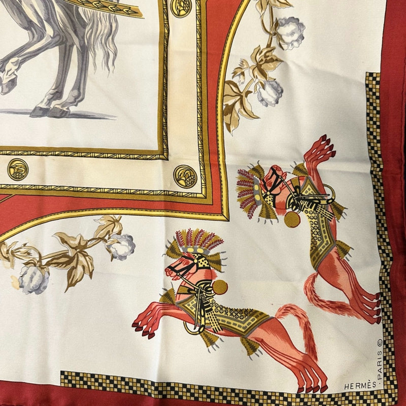 HERMES silk scarf, horse pattern, red, with tag