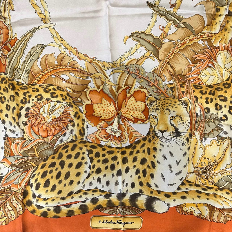 FERRAGAMO orange floral leaf leopard large scarf