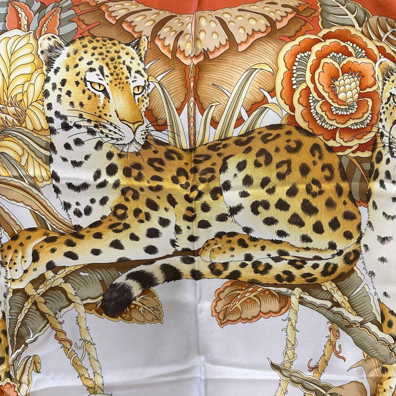 FERRAGAMO orange floral leaf leopard large scarf