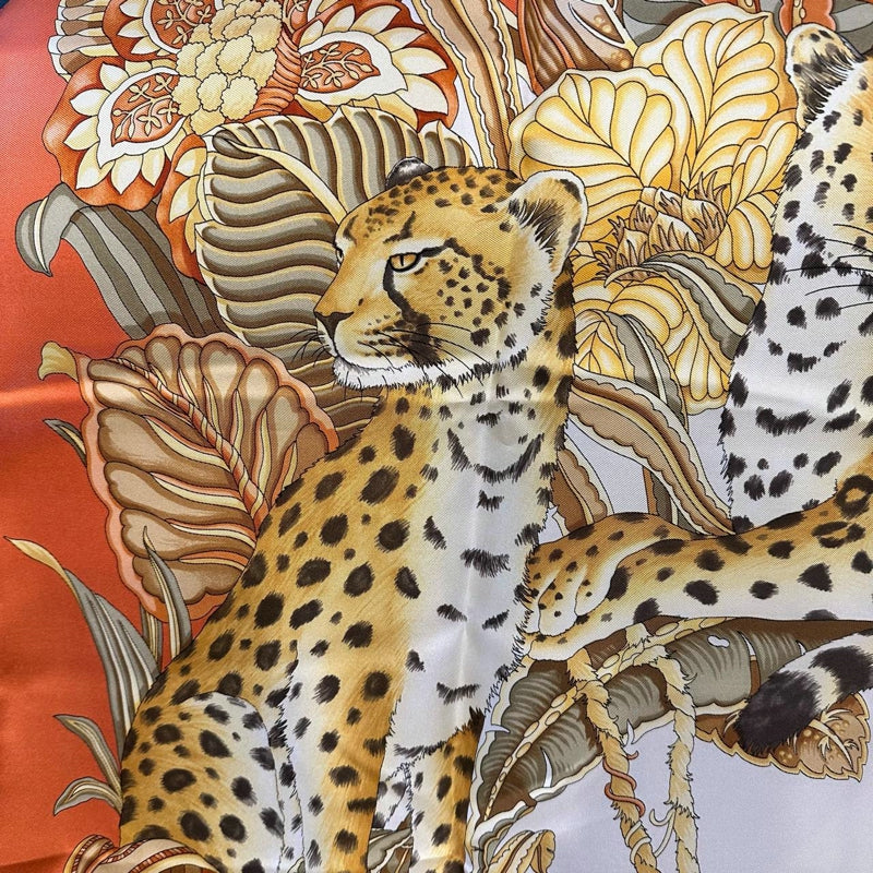 FERRAGAMO orange floral leaf leopard large scarf