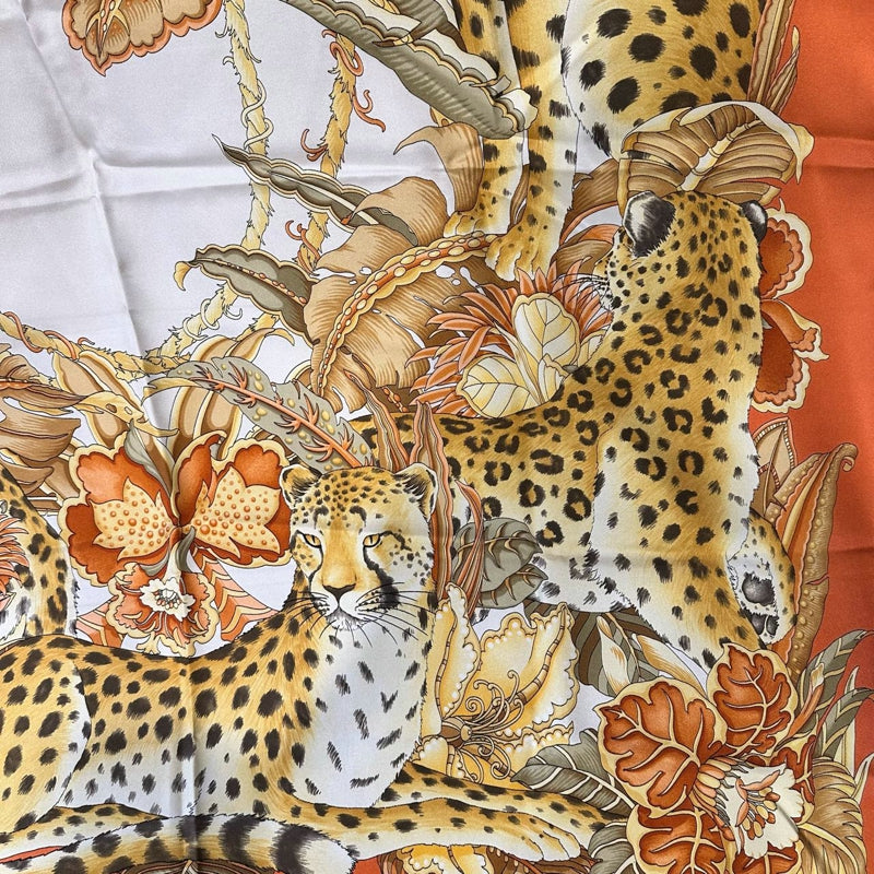 FERRAGAMO orange floral leaf leopard large scarf