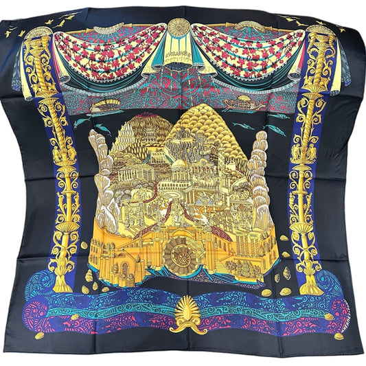 HERMES silk scarf, architecture pattern, black, with box and tag