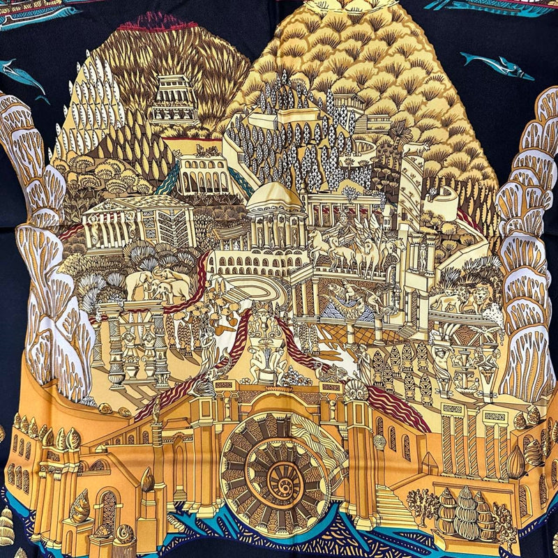 HERMES silk scarf, architecture pattern, black, with box and tag