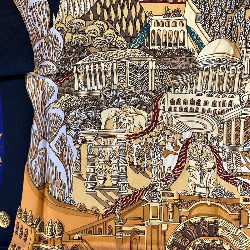 HERMES silk scarf, architecture pattern, black, with box and tag