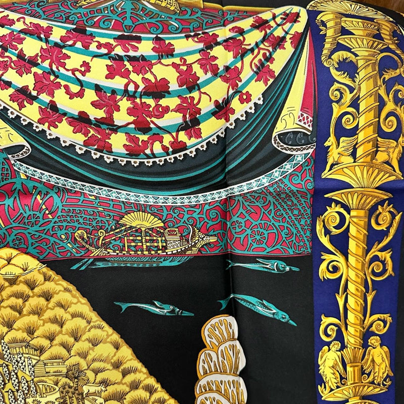 HERMES silk scarf, architecture pattern, black, with box and tag