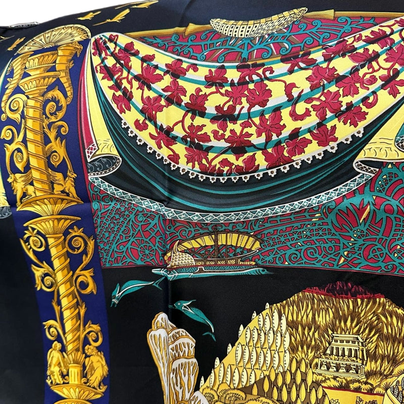 HERMES silk scarf, architecture pattern, black, with box and tag