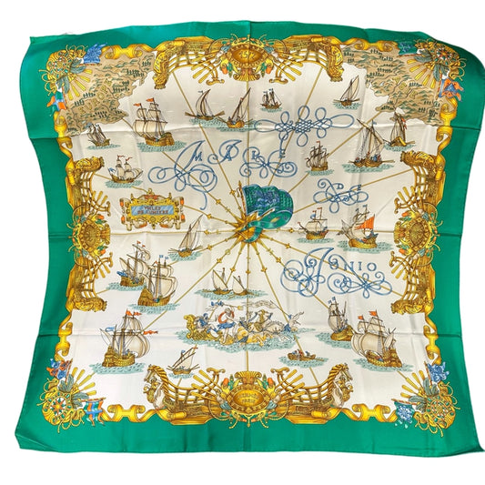 HERMES Carre 90 Silk Scarf Green With Tag Stain