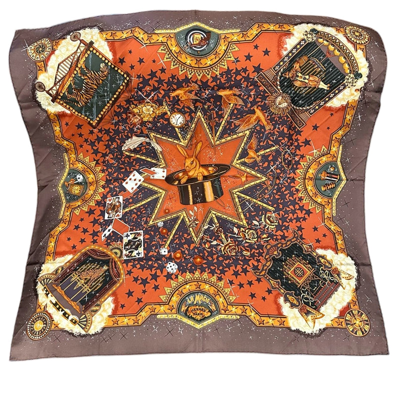 HERMES Carre 90 Silk Scarf Playing Cards Brown With Box