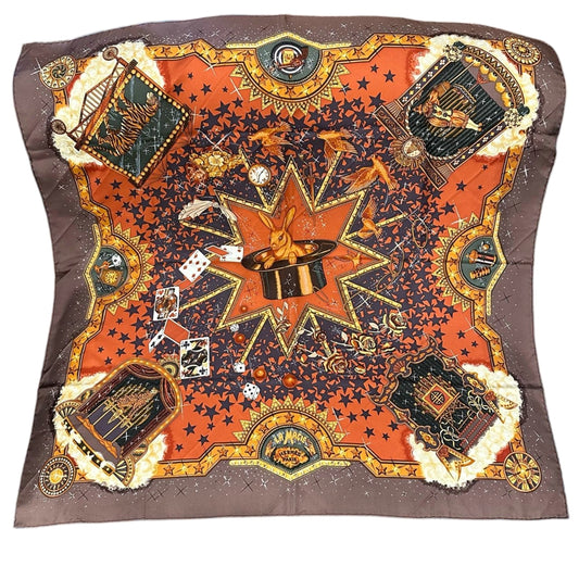 HERMES Carre 90 Silk Scarf Playing Cards Brown With Box