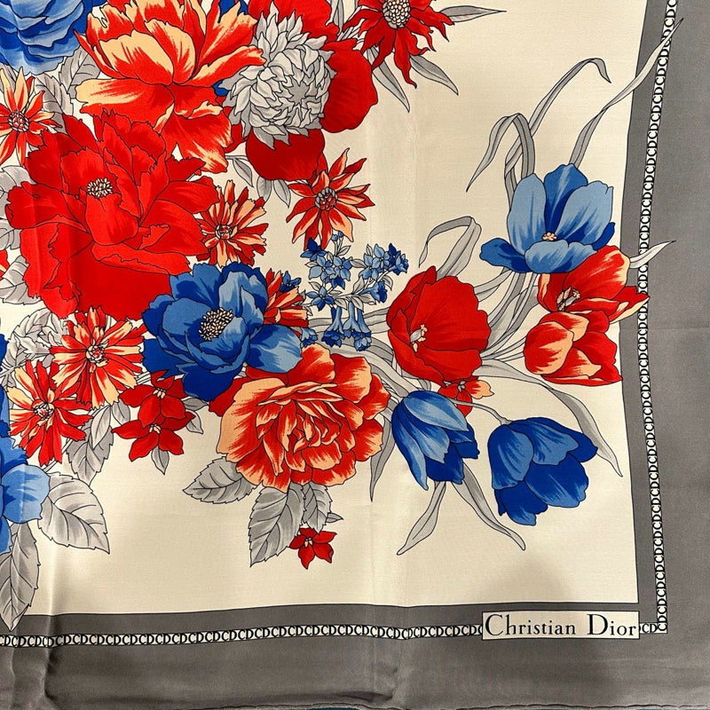 DIOR Scarf, Blue Gray with Blue & Red Floral Pattern, with Tag