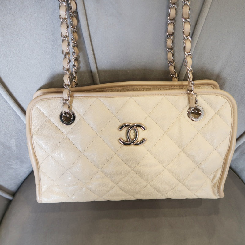 CHANEL Beige Quilted Calfskin Crossbody Bag with Silver Hardware