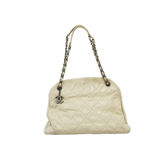 CHANEL Lambskin Shoulder Bag with Chain, Beige, Silver Hardware (Bowling Bag Style, Calfskin, 14K Hardware)