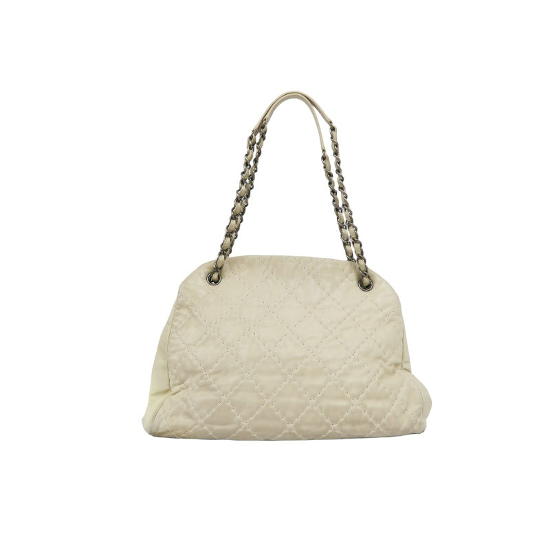 CHANEL Lambskin Shoulder Bag with Chain, Beige, Silver Hardware (Bowling Bag Style, Calfskin, 14K Hardware)