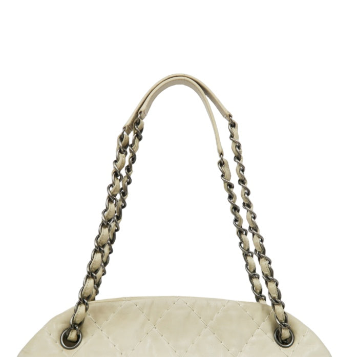 CHANEL Lambskin Shoulder Bag with Chain, Beige, Silver Hardware (Bowling Bag Style, Calfskin, 14K Hardware)