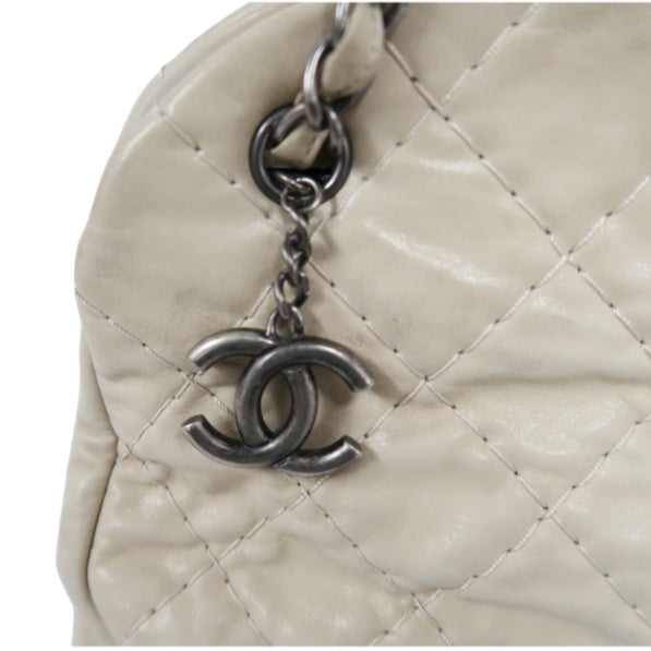 CHANEL Lambskin Shoulder Bag with Chain, Beige, Silver Hardware (Bowling Bag Style, Calfskin, 14K Hardware)