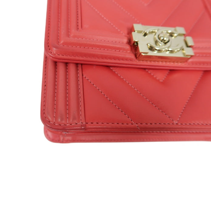 CHANEL Pink Boy Chain Shoulder Bag, Lambskin Leather, Gold Hardware