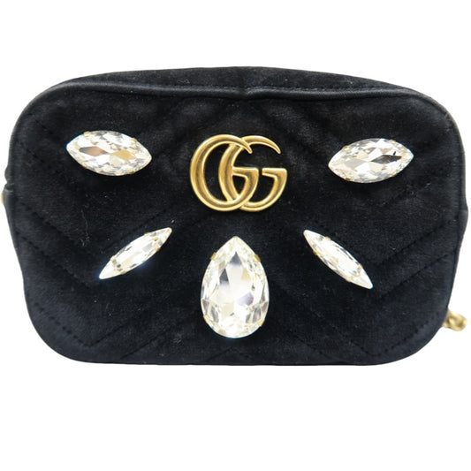 GUCCI GG Marmont Chain Shoulder Bag, Black Suede, Crystal Embellished, Gold Hardware, with Dust Bag