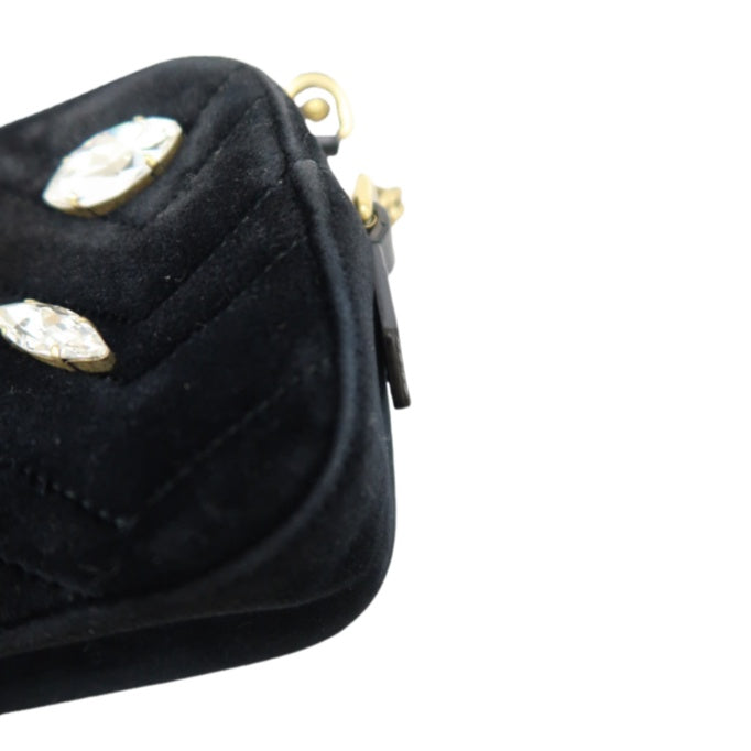 GUCCI GG Marmont Chain Shoulder Bag, Black Suede, Crystal Embellished, Gold Hardware, with Dust Bag
