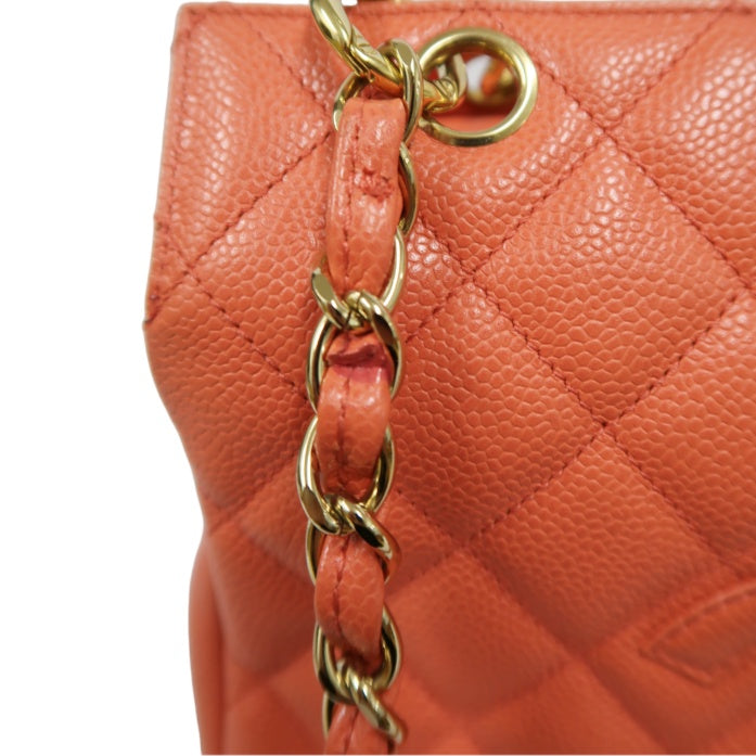 CHANEL Pink Orange Shoulder Bag, Caviar Leather, Gold Hardware, with Dust Bag and Guarantee Card