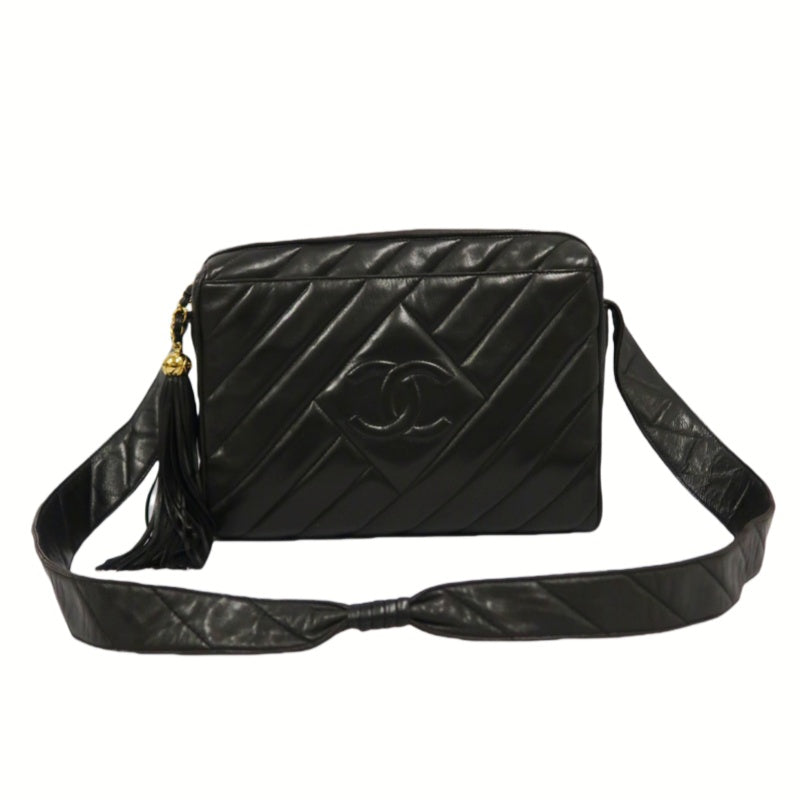 CHANEL Coco Mark Fringe Shoulder Bag, Black, Lambskin Leather, with Guarantee Card and Dust Bag