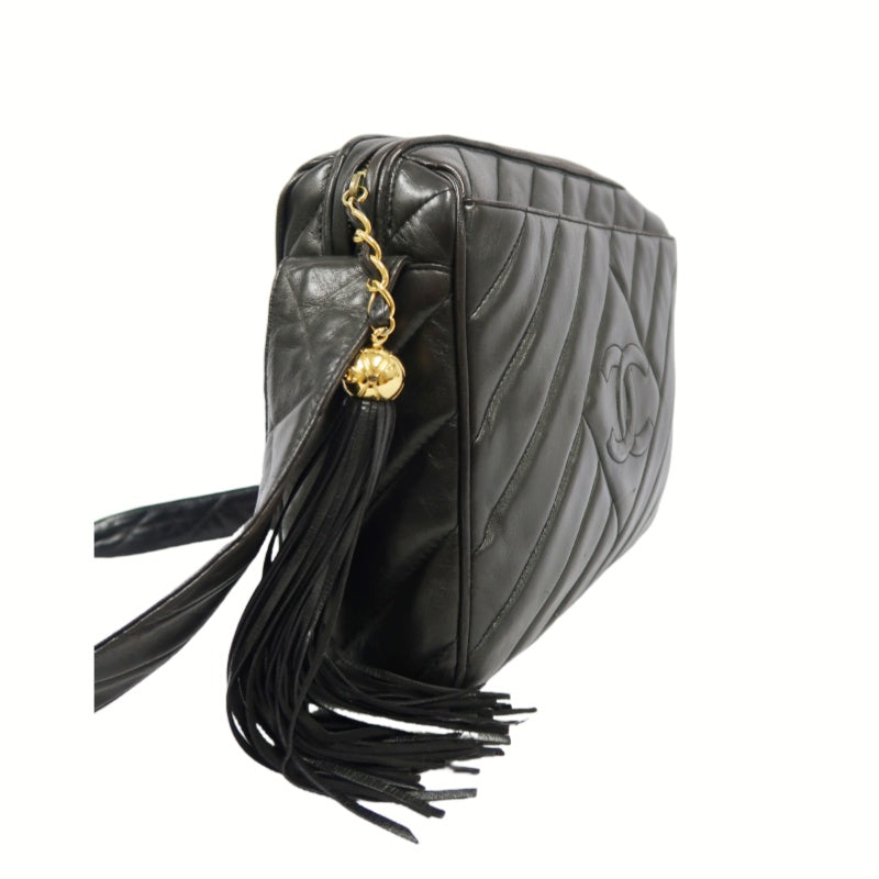 CHANEL Coco Mark Fringe Shoulder Bag, Black, Lambskin Leather, with Guarantee Card and Dust Bag