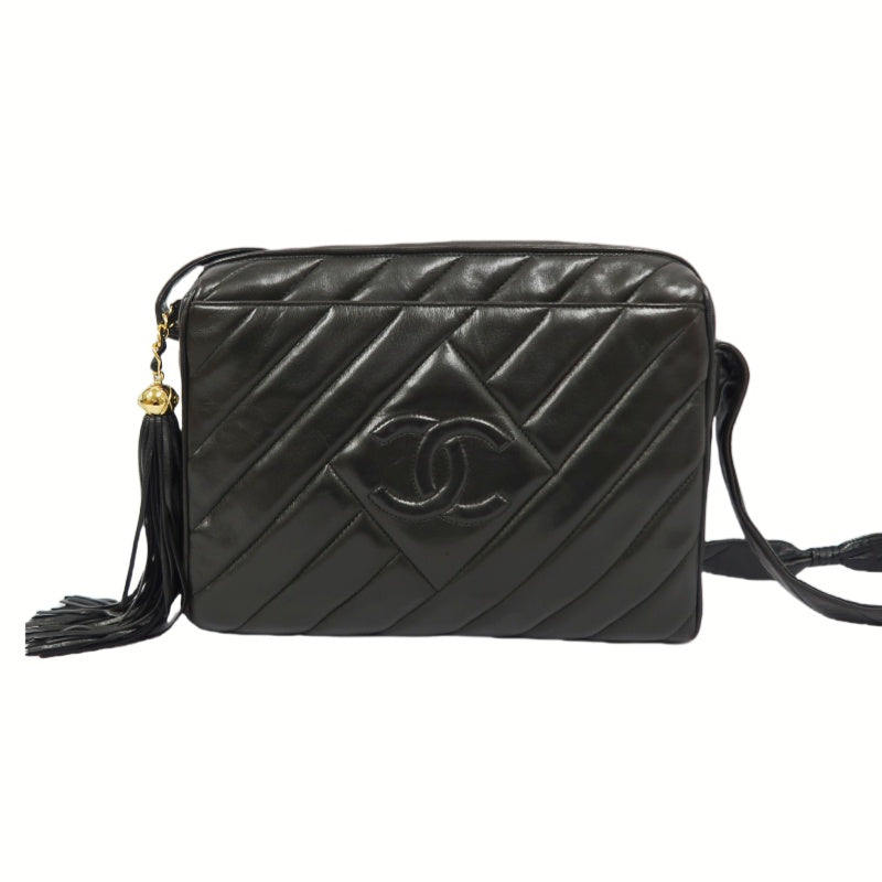 CHANEL Coco Mark Fringe Shoulder Bag, Black, Lambskin Leather, with Guarantee Card and Dust Bag