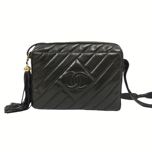 CHANEL Coco Mark Fringe Shoulder Bag, Black, Lambskin Leather, with Guarantee Card and Dust Bag