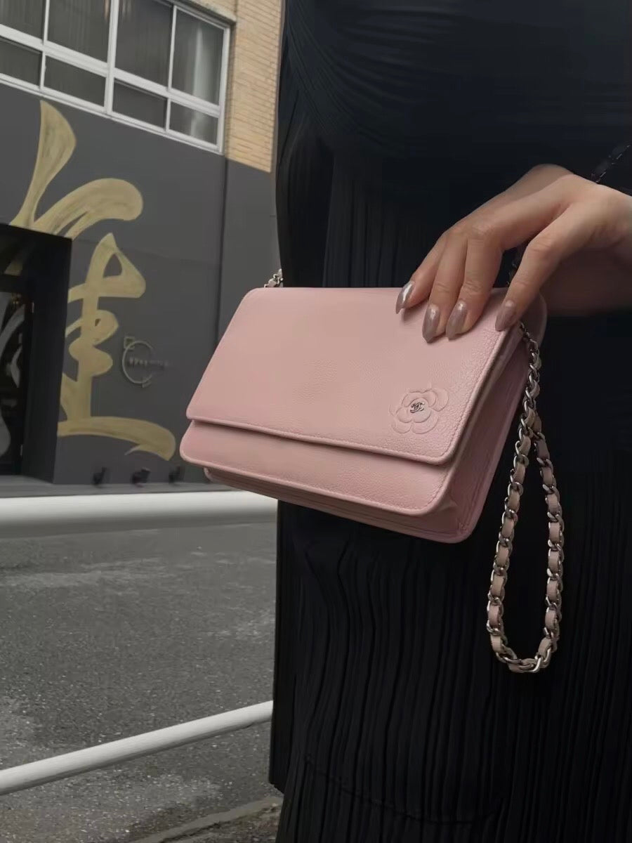 CHANEL Chain Wallet on Chain (WOC), Lambskin, Camellia Motif, Pink, Silver Hardware, Serial Number Starting with "15", Includes Dust Ba