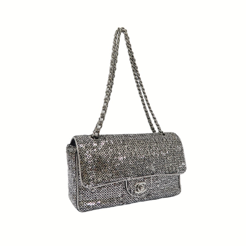 CHANEL Chain Shoulder Bag, Silver Sequins, Silver Hardware