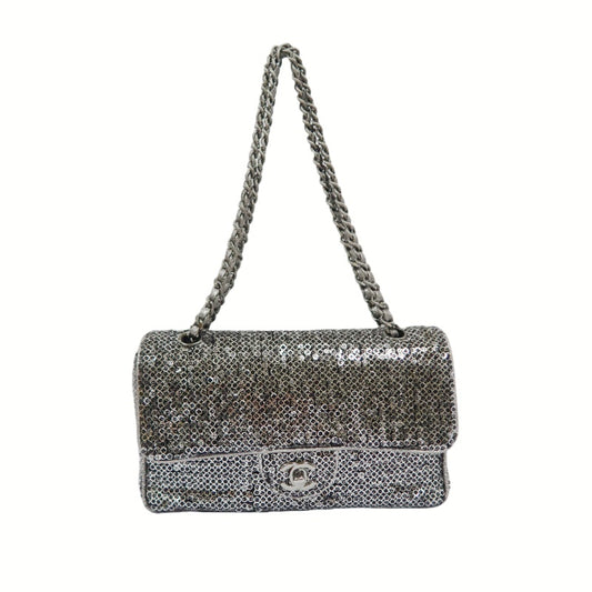 CHANEL Chain Shoulder Bag, Silver Sequins, Silver Hardware