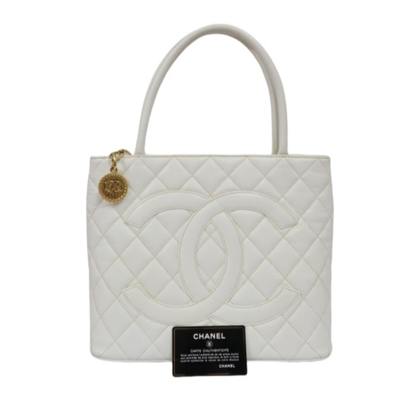 Chanel White Caviar Leather Reissue Matelasse Tote Bag (7 Series) with Gold-Tone Hardware and Guarantee Card